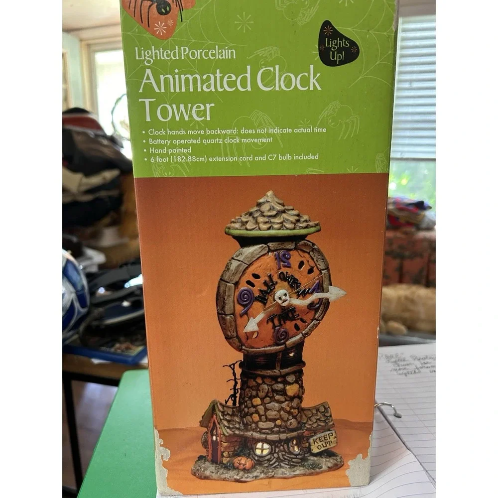 CLASSIC ANIMATED CLOCK TOWER LIGHTED PORCELAIN HALLOWEEN PROP RARE‎